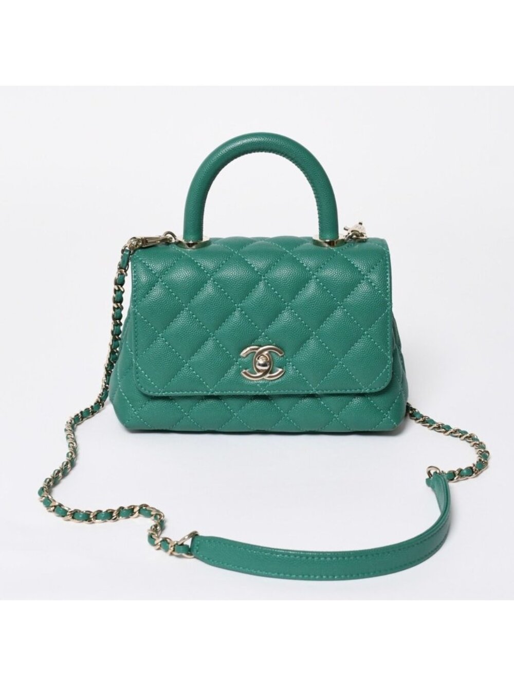 Chanel Top Handle 2-Way Bag CC Logo Caviar Leather Green Gold